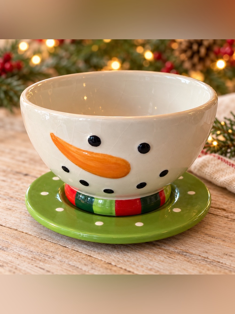 Cracker Barrel Merry Merry Snowman Ceramic Bowl & Saucer Christmas Set